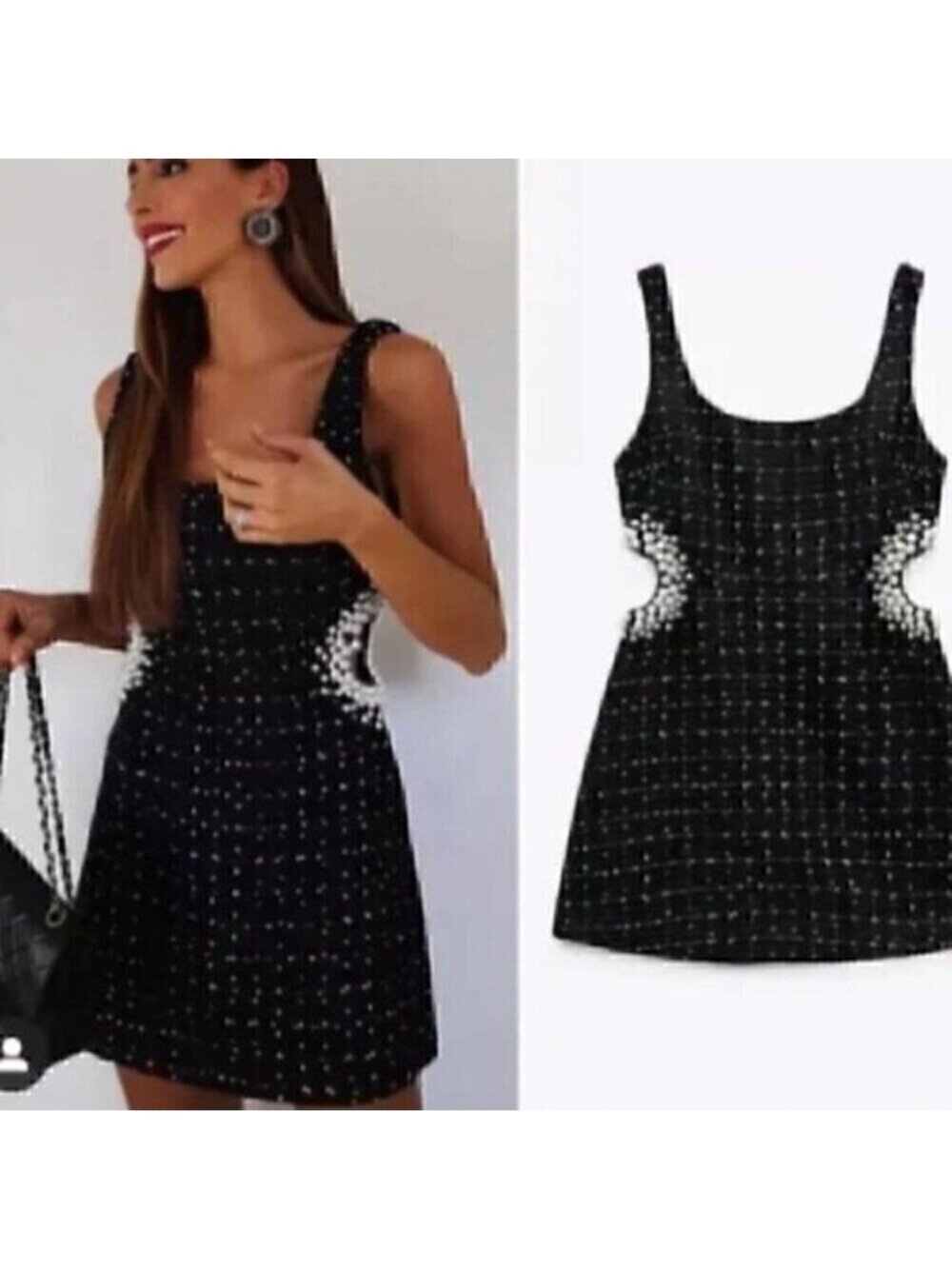 Black Texture Tweed Weave Cutout Mini Dress With Faux Pearls L - Picture 2 of 16